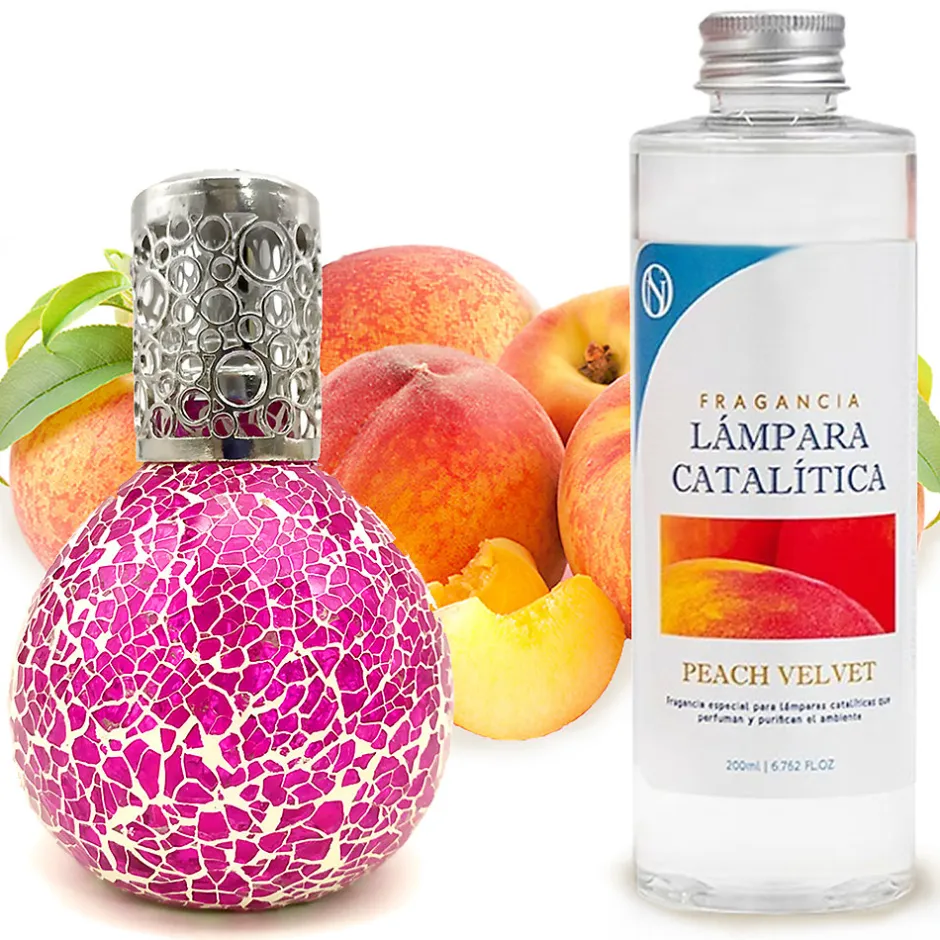 Mamamanuela Lampe catalytique Mosaïque Fuchsia + Parfum Peach Velvet 200 ml - Élimine mauvaises odeurs, parfume et améliore qualité de l'air