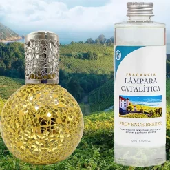 Mamamanuela Lampe catalytique Mosaïque Doré + Arôme Provence Breeze 500 ml - Élimine mauvaises odeurs, parfume et améliore la qualité de l'air