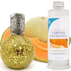 Mamamanuela Lampe catalytique Mosaïque Doré + Arôme Waikiki Melon 200 ml - Élimine mauvaises odeurs, parfume et améliore la qualité de l'air Best
