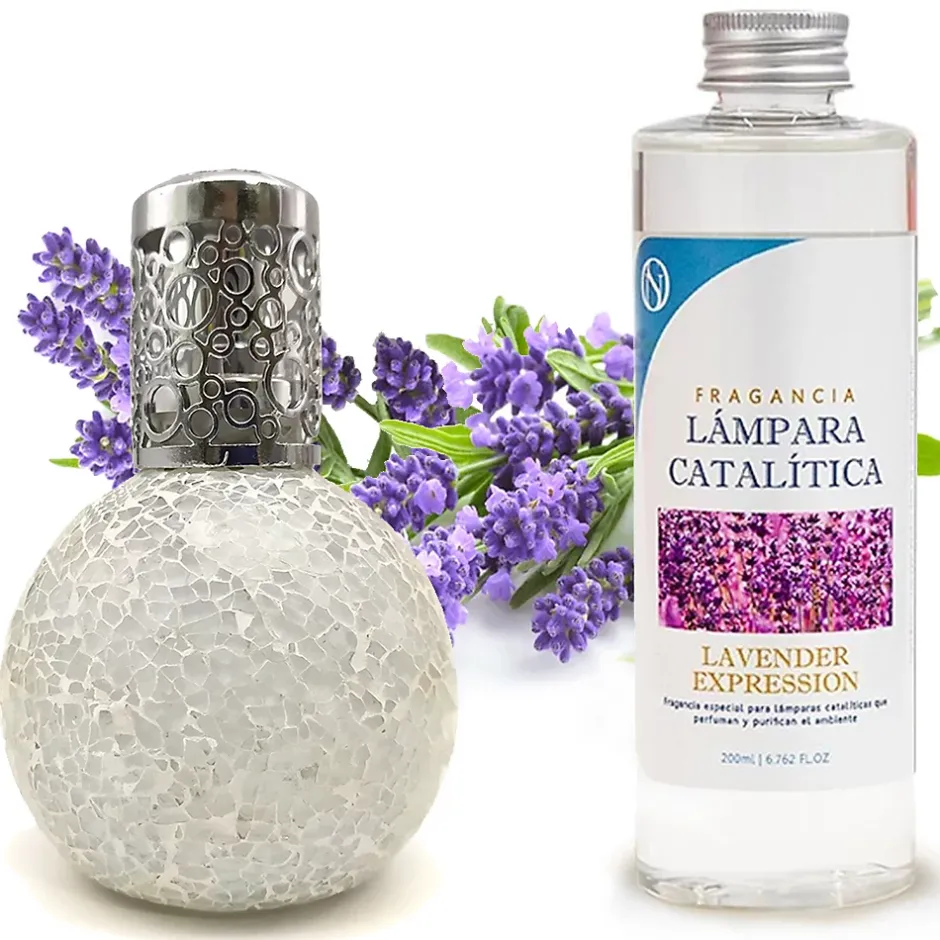 Mamamanuela Lampe catalytique Mosaïque Blanc + Parfum Lavender Expression 200ml. Élimine mauvaises odeurs, parfume et améliore qualité de air Outlet