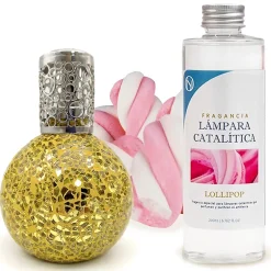 Mamamanuela Lampe catalytique Mosaïque Doré + Parfum Lollipop 500 ml - Élimine mauvaises odeurs, parfume et améliore la qualité de l'air