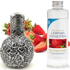 Mamamanuela Lampe catalytique Mosaïque Noir + Parfum Wild Strawberry 500 ml - Élimine mauvaises odeurs, parfume et améliore qualité de l'air