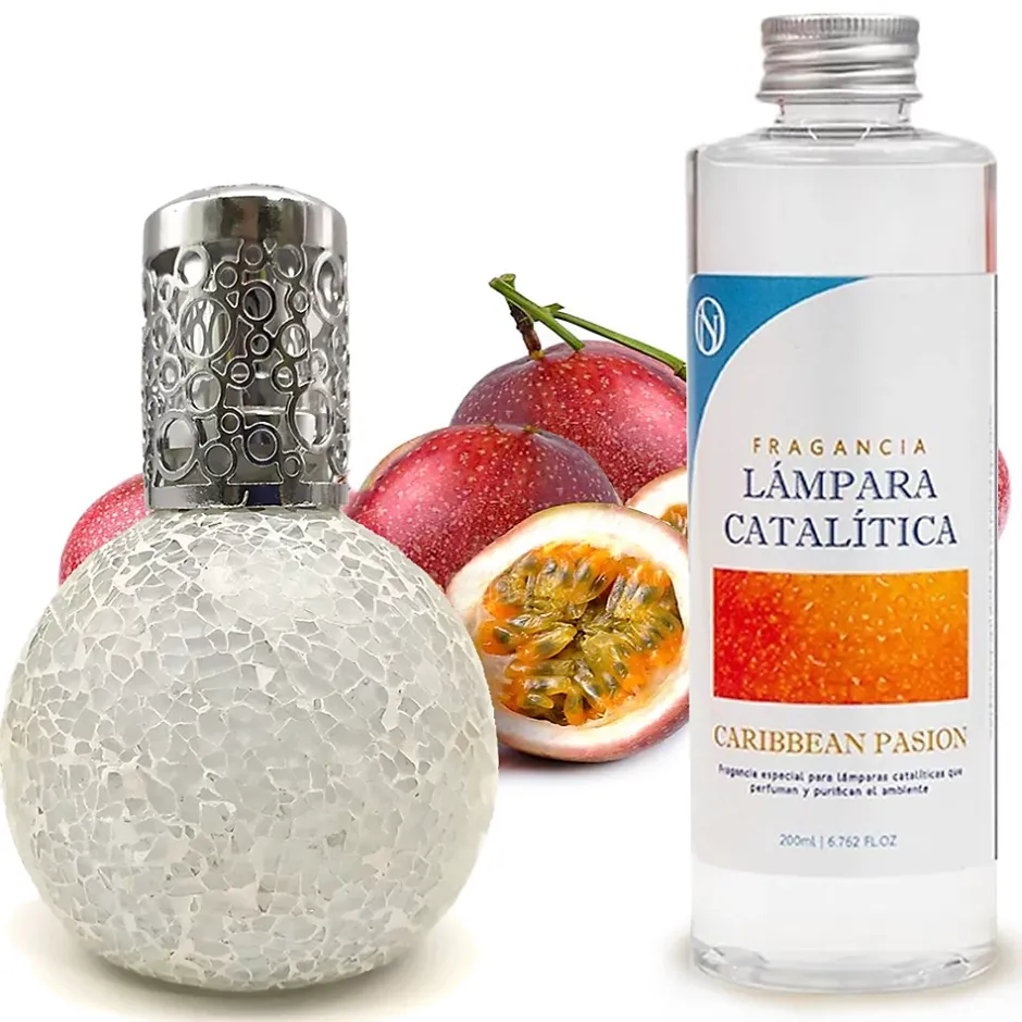 Mamamanuela Lampe catalytique Mosaïque Blanc + Parfum Caribbean Passion 500ml. Élimine mauvaises odeurs, parfume et améliore qualité de l'air Sale