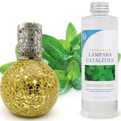 Mamamanuela Lampe catalytique Mosaïque Doré + Arôme Mountain Mint 500 ml - Élimine mauvaises odeurs, parfume et améliore la qualité de l'air