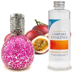 Mamamanuela Lampe catalytique Mosaïque Fuchsia + Caribbean Passion 200 ml - Élimine mauvaises odeurs, parfume et améliore qualité de l'air