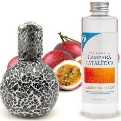 Mamamanuela Lampe catalytique Mosaïque Noir + Parfum Caribbean Passion 500 ml - Élimine mauvaises odeurs, parfume et améliore qualité de l'air