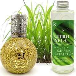Mamamanuela Lampe catalytique Mosaïque Doré + Parfum Citronnelle 500 ml - Élimine mauvaises odeurs, parfume et améliore la qualité de l'air Outlet