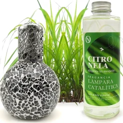 Mamamanuela Lampe catalytique Mosaïque Noir + Parfum Citronnelle 500 ml - Élimine mauvaises odeurs, parfume et améliore la qualité de l'air