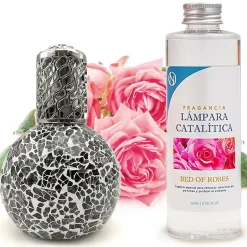 Mamamanuela Lampe catalytique Mosaïque Noir + Parfum Bed of Roses 500 ml - Élimine mauvaises odeurs, parfume et améliore la qualité de l'air
