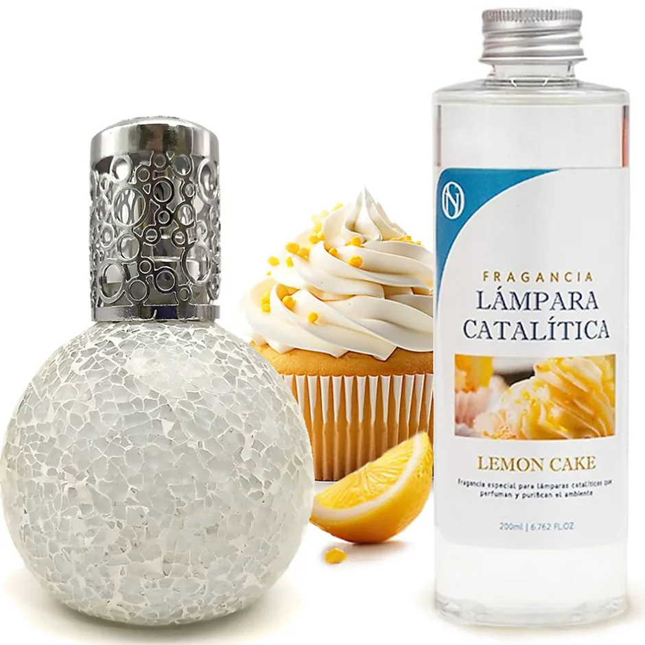 Mamamanuela Lampe catalytique Mosaïque Blanc + Parfum Lemon Cake 500 ml - Élimine mauvaises odeurs, parfume et améliore la qualité de l'air