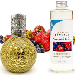 Mamamanuela Lampe catalytique Mosaïque Doré + Arôme Summer Fruits 200 ml - Élimine mauvaises odeurs, parfume et améliore la qualité de l'air