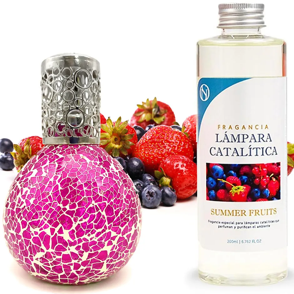 Mamamanuela Lampe catalytique Mosaïque Fuchsia + Parfum Summer Fruits 200 ml - Élimine mauvaises odeurs, parfume et améliore qualité de l'air