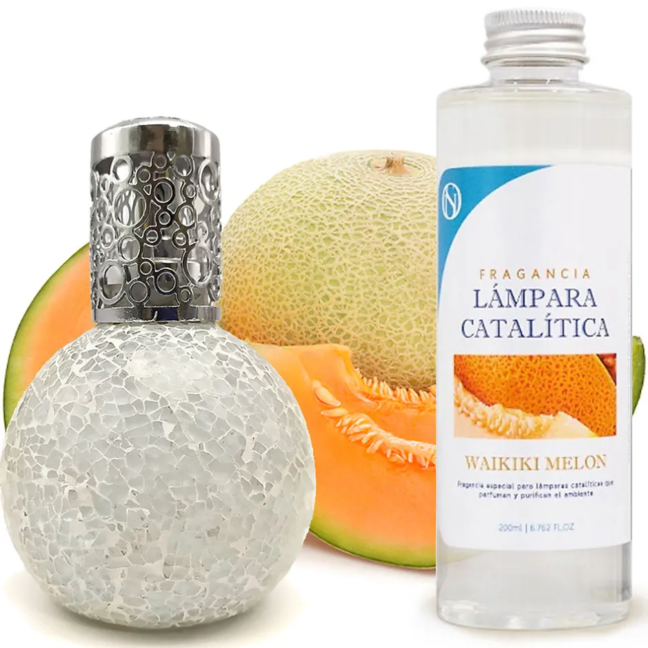 Mamamanuela Lampe catalytique Mosaïque Blanc + Arôme Waikiki Melon 200 ml - Élimine mauvaises odeurs, parfume et améliore la qualité de l'air