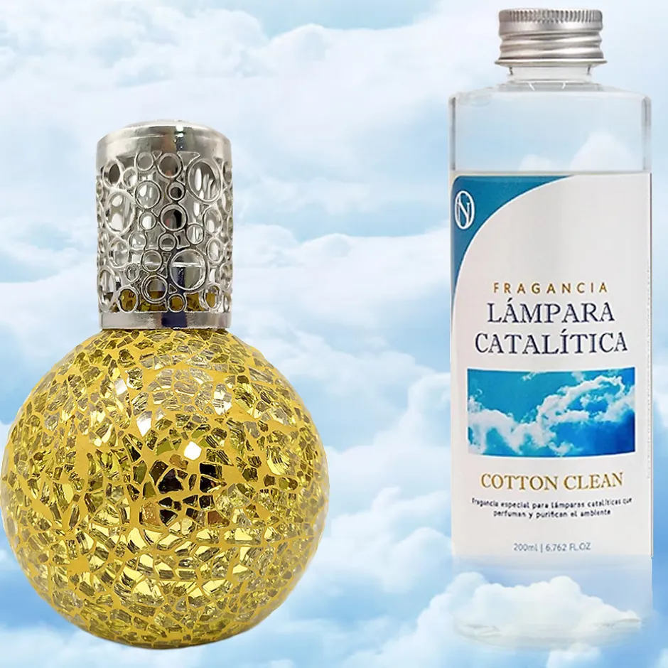 Mamamanuela Lampe catalytique Mosaïque Doré + Parfum Cotton Clean 500 ml - Élimine mauvaises odeurs, parfume et améliore la qualité de l'air