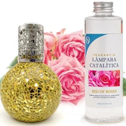 Mamamanuela Lampe catalytique Mosaïque Doré + Parfum Bed of Roses 500 ml - Élimine mauvaises odeurs, parfume et améliore la qualité de l'air