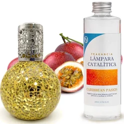 Mamamanuela Lampe catalytique Mosaïque Doré + Parfum Caribbean Passion 200 ml - Élimine mauvaises odeurs, parfume et améliore qualité de l'air
