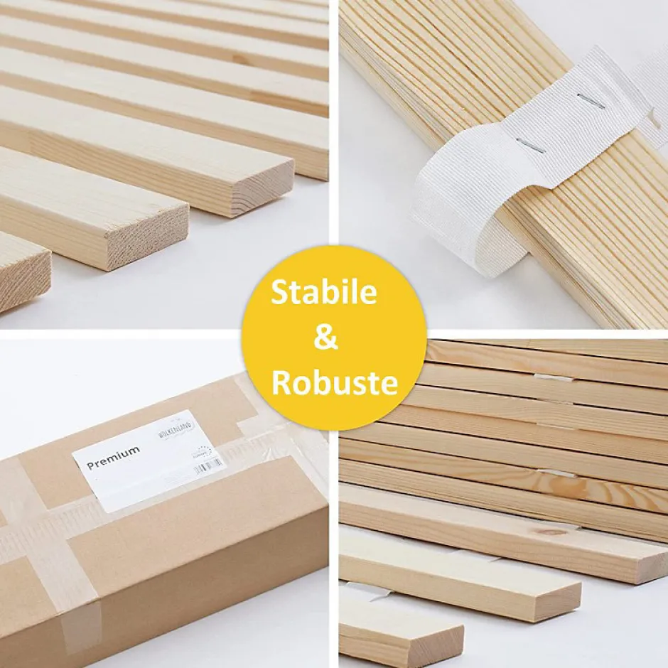 Bb Loisir Lattes sans cadre 90x200cm 14 lattes en bois massif pour soutien ferme avec sangle enroulé