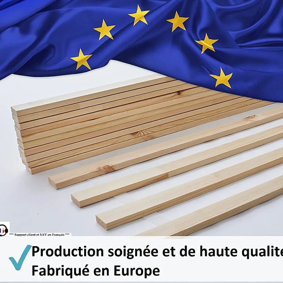 Bb Loisir Lattes sans cadre 90x200cm 14 lattes en bois massif pour soutien ferme avec sangle enroulé