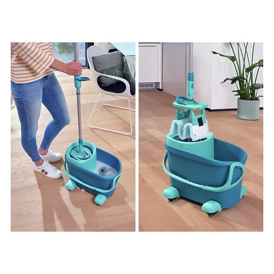 Leifheit Clean Twist M Ergo mobile 52121 Kit de nettoyage sol - Balai a plat lave sol avec housse, seau a essorage facile, roule
