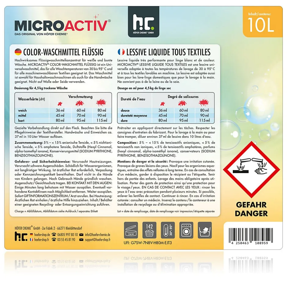 Höfer Chemie Lessive Liquide Microactiv 10 L Puissante Pour Blanc Et Couleurs, Se Dissout Facilement