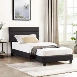 Idimex Lit 1 place FLORIDA, 90 x 190 cm, capitonné avec sommier, revêtement en tissu noir