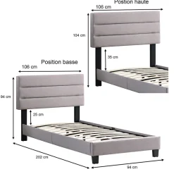 Idimex Lit 1 place FLORIDA, 90 x 190 cm, capitonné avec sommier, revêtement en tissu gris
