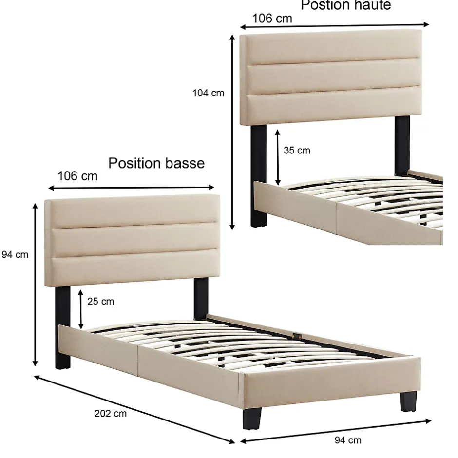 Idimex Lit 1 place FLORIDA, 90 x 190 cm, capitonné avec sommier, revêtement en tissu beige Outlet