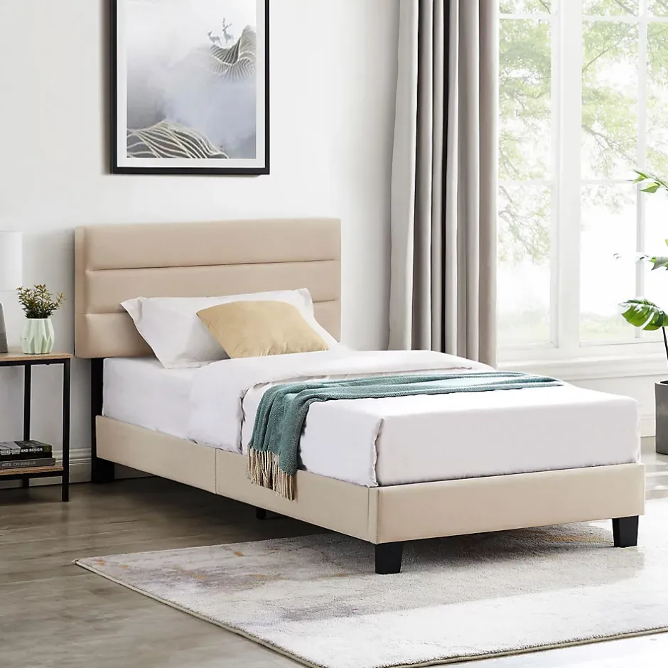 Idimex Lit 1 place FLORIDA, 90 x 190 cm, capitonné avec sommier, revêtement en tissu beige Outlet