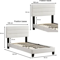 Idimex Lit 1 place HUDSON, 90 x 190 cm, capitonné avec sommier, revêtement synthétique blanc