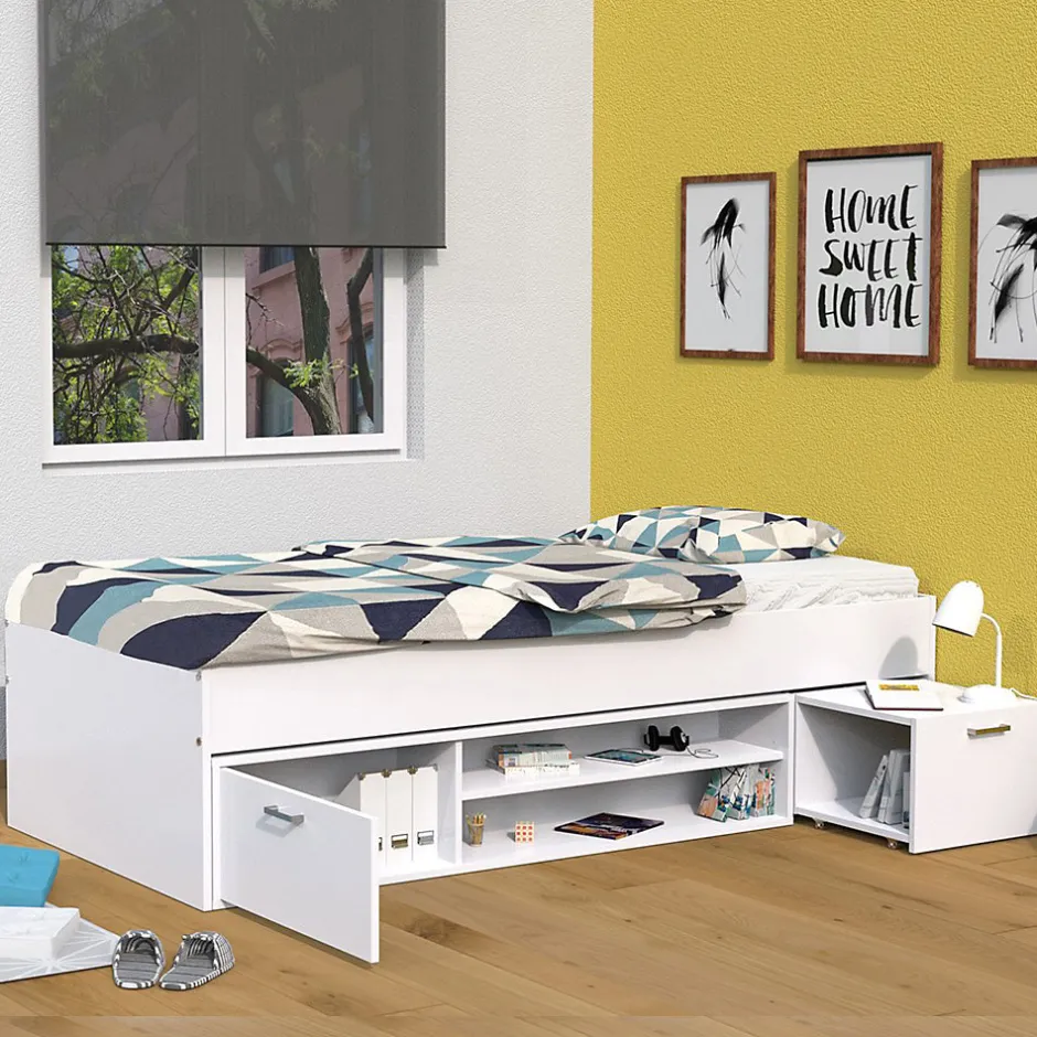 Bb Loisir Lit 1 place 90x190cm avec rangement incl. Sommier chevet et étagère Hot