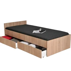Bb Loisir Lit 1 place 90x190cm blanc KIAPA couleur chêne inclus sommier et 2 tiroirs pour rangement