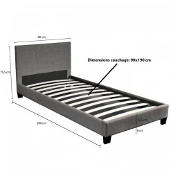 Bb Loisir Lit 1 place 90x190cm Tissu Gris foncé avec sommier DUSIN