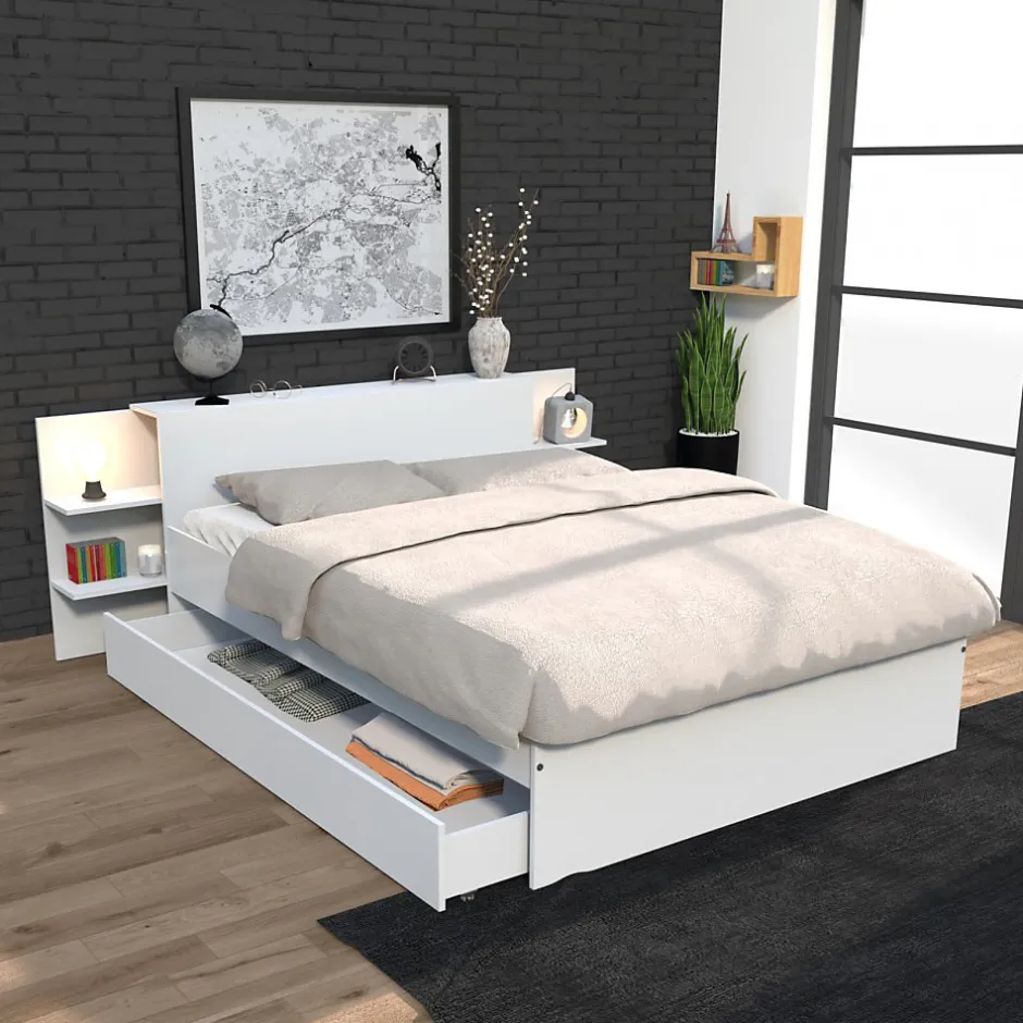 Bb Loisir Lit 2 places 140x190cm Blanc CITA inclus sommier et tete de lit chevet et tiroir