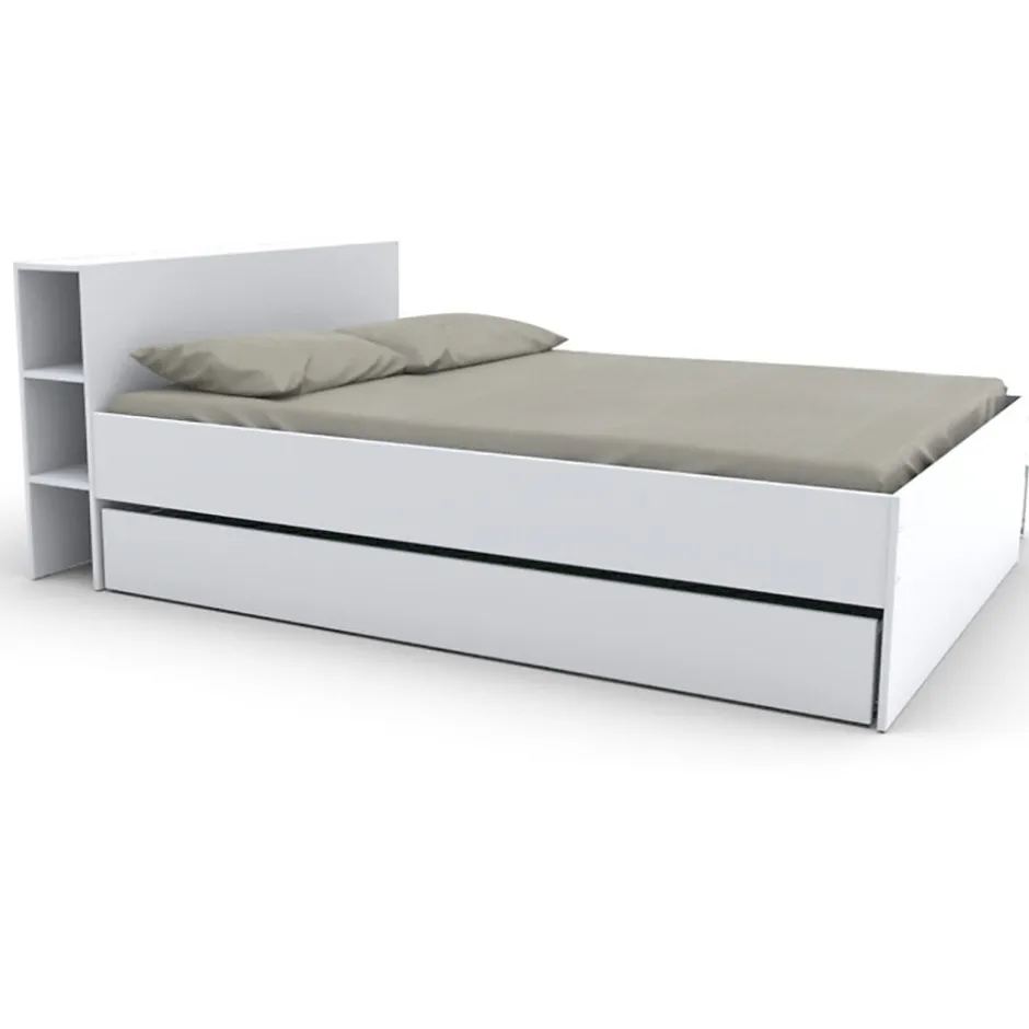 Bb Loisir Lit 2 places 140x190cm Blanc ROGO inclus sommier et tete de lit avec étageres et 2 tiroirs