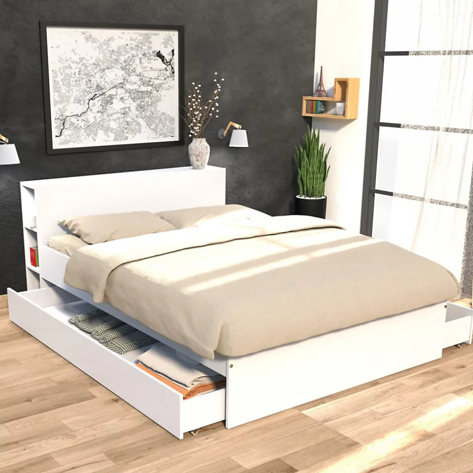 Bb Loisir Lit 2 places 140x190cm Blanc ROGO inclus sommier et tete de lit avec étageres et 2 tiroirs