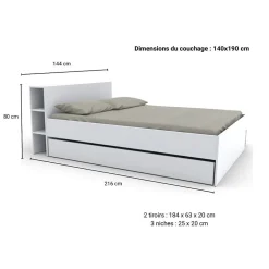 Bb Loisir Lit 2 places 140x190cm Blanc ROGO inclus sommier et tete de lit avec étageres et 2 tiroirs