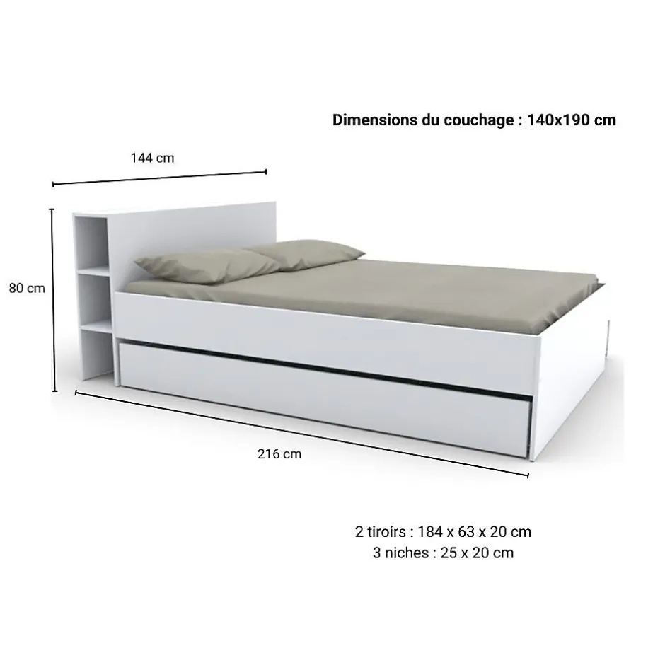 Bb Loisir Lit 2 places 140x190cm Blanc ROGO inclus sommier et tete de lit avec étageres et 2 tiroirs