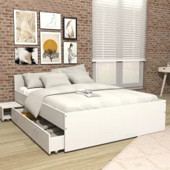 Bb Loisir Lit 2 places 140x190cm Blanc TIDO inclus sommier, 1 chevet et 1 tiroir pour rangement