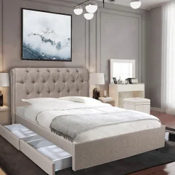 Bb Loisir Lit 2 places 140x190cm CHALIN beige avec tête de lit inclus sommier et 4 tiroirs pour rangement