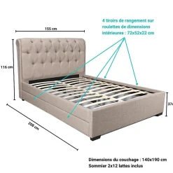 Bb Loisir Lit 2 places 140x190cm CHALIN beige avec tête de lit inclus sommier et 4 tiroirs pour rangement