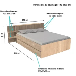 Bb Loisir Lit 2 places 140x190cm Chêne CITA inclus sommier et tete de lit chevet et tiroir Online