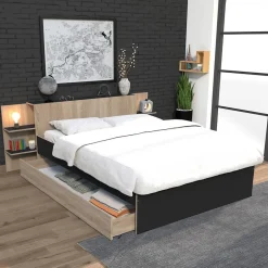 Bb Loisir Lit 2 places 140x190cm Chêne et noir CITA inclus sommier et tete de lit chevet et tiroir