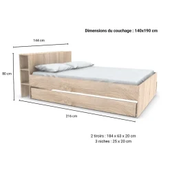 Bb Loisir Lit 2 places 140x190cm chêne ROGO inclus sommier et tete de lit avec étageres et 2 tiroirs Clearance