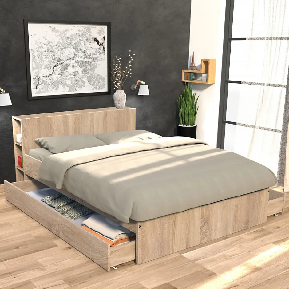 Bb Loisir Lit 2 places 140x190cm chêne ROGO inclus sommier et tete de lit avec étageres et 2 tiroirs Clearance