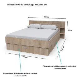 Bb Loisir Lit 2 places 140x190cm Chêne SAND inclus sommier et tete de lit et 2 tiroirs