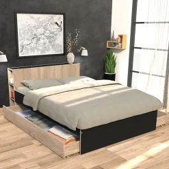 Bb Loisir Lit 2 places 160x200cm Noir et chêne ROGO inclus sommier et tete de lit avec étageres et 2 tiroirs