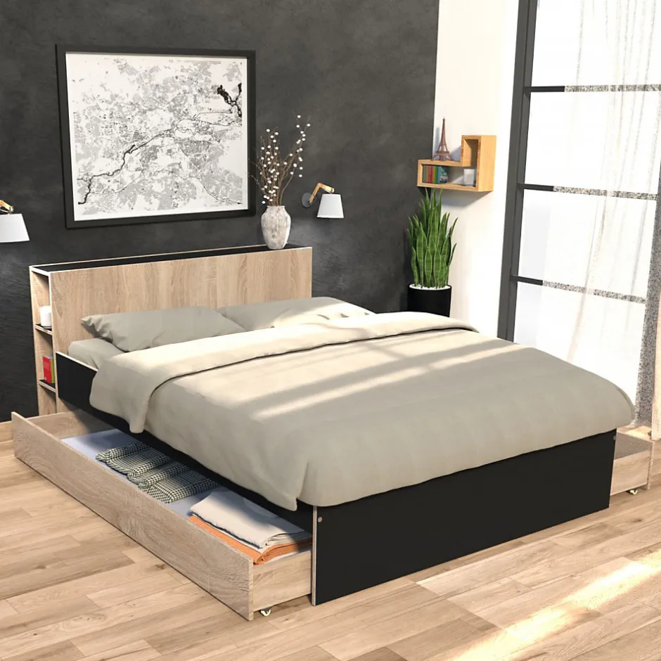 Bb Loisir Lit 2 places 160x200cm Noir et chêne ROGO inclus sommier et tete de lit avec étageres et 2 tiroirs