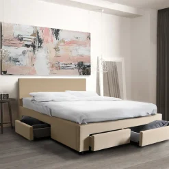 Bb Loisir Lit 2 places 140x190cm Tissu Beige LOUGNE inclus sommier et 4 tiroirs Clearance