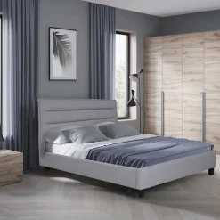 Bb Loisir Lit 2 places 140x190cm tissu Gris clair avec sommier LANEAU
