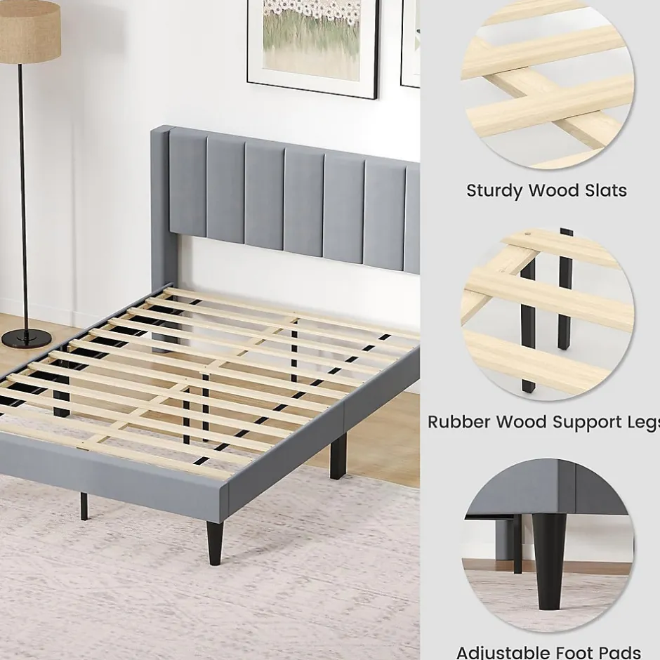Giantex Lit 140 x 200 avec Sommier sans Matelas, Lit Capitonné avec Tete 140CM en Tissu Velours Doux, Lattes Bois, Charge 250KG (7 Bandes)